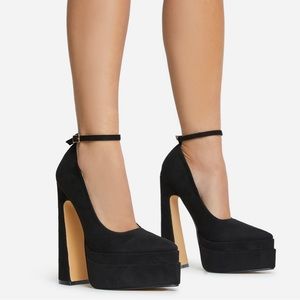 EGO ALL-SNATCHED ANKLE STRAP POINTED TOE PLATFORM BLOCK HEEL IN BLACK FAUX SUEDE